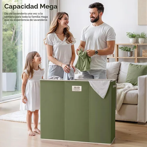 Vista 2 de SOLEDI Cesta de lavandería de 3 secciones de 180L con tapa, cesta de ropa sucia extragrande con asas resistentes para lavandería y dormitorio