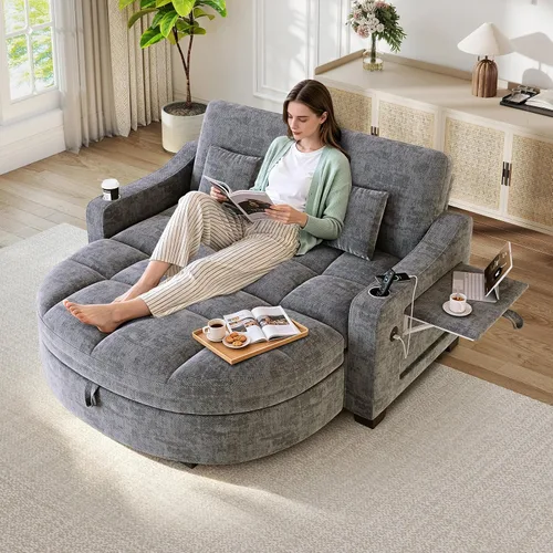 Vista 23 de JEEOHEY Chaise Lounge Chair para interiores, silla de sofá de chenilla de gran tamaño con otomana de almacenamiento y respaldo ajustable, sofá