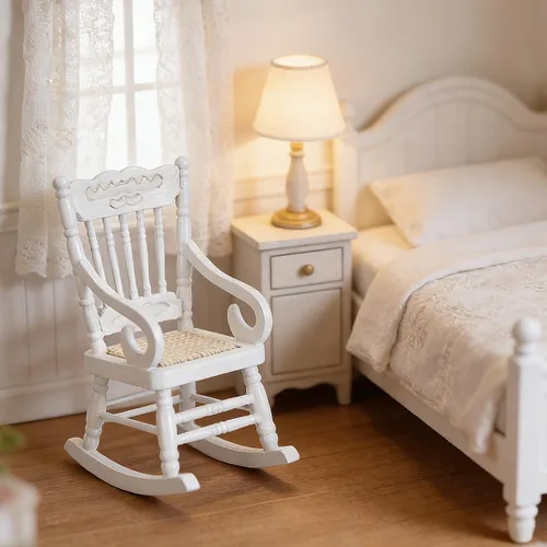 Vista 9 de SOIMISS Mecedora de madera blanca en miniatura, asiento de cuerda de cáñamo, escala 1:12, accesorios para muebles de casa de muñecas, decoración