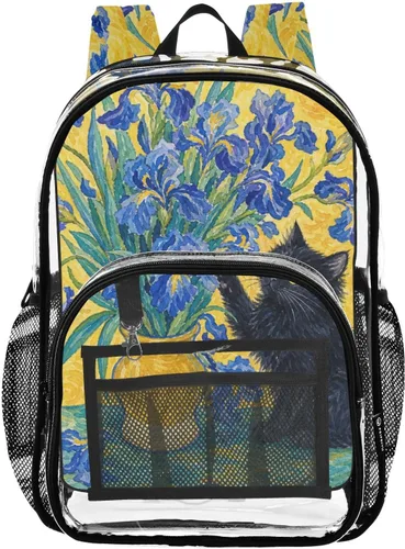 Vista 3 de Mochila transparente con diseño de gato negro y helado para la Lirios de gato azul
