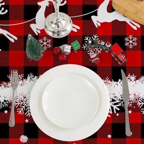 Vista 4 de Mantel cuadrado de Navidad 52x52 pulgadas - Rojo camión de Navidad, decoración de fiesta para el hogar - Mantel rectangular de Navidad a cuadros