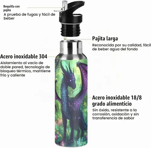Vista 2 de Purple Dragon Botella de Agua para Niños Aislada Deportiva al Vacío de Acero Inoxidable con Tapa de Pajita y Asa 20 oz a001