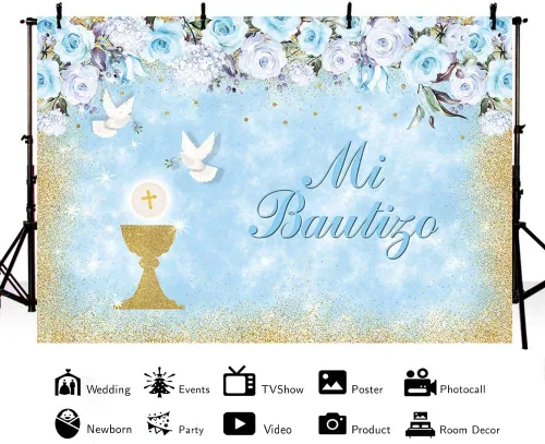 Vista 2 de AIBIIN Mi Bautizo - Telón de fondo para niño, cartel de bautizo de palomas de cáliz dorado, fondo para fotografía de bautizo, floral azul, primera