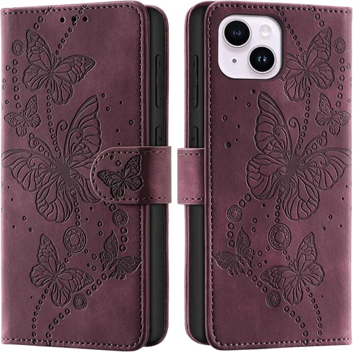 Vista 3 de Funda tipo cartera para iPhone 14 Plus, color borgoña Bloqueo RFID, soporte para 3 tarjetas, carcasa de TPU a prueba de golpes, cierre magnético