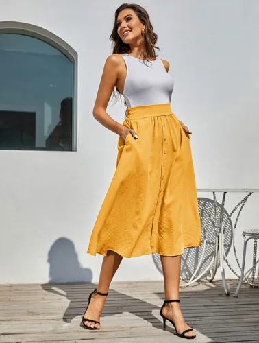 Vista 8 de Kate Kasin Falda midi de cintura alta para mujer, estilo vintage, elástica, acampanada, plisada, con botones y bolsillos