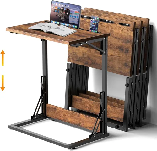 Vista 11 de Mesa plegable para TV, mesa de cena de TV, bandejas de TV de altura ajustable para comer en el sofá, mesa auxiliar en forma de C con ranuras