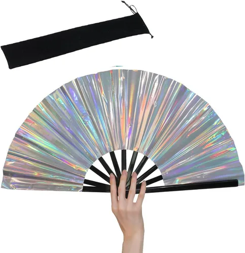 Vista 15 de HeyToo Ventilador de mano plegable grande y brillante para fiesta, club nocturno, festival, Halloween, accesorios de traje de 13 pulgadas, azul
