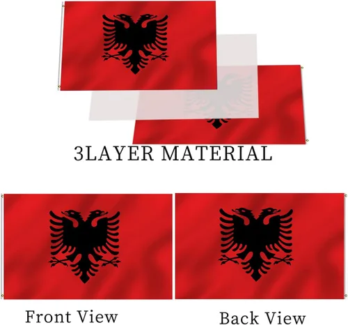 Vista 3 de Bandera albanesa de Albania 3x5 doble cara para exteriores, banderas nacionales del país de alta resistencia de 3 capas de poliéster con 2 ojales