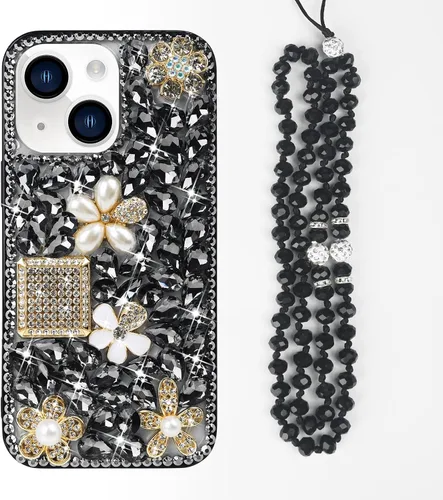 Vista 2 de Losin Funda compatible con iPhone 15 con correa de cordón, diamantes de imitación de cristal 3D de lujo para mujeres y niñas, funda brillante