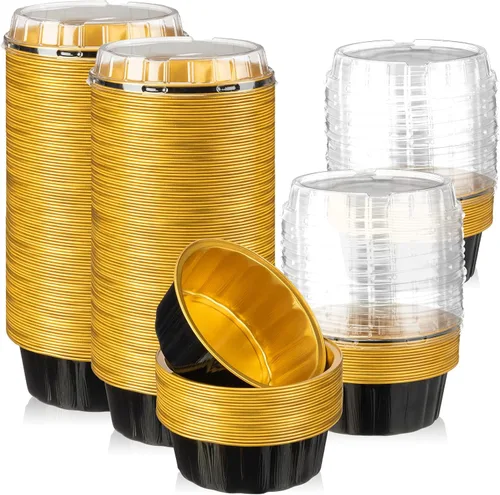 Vista 7 de Tessco for you 200 moldes desechables con tapas, 8 onzas, Ramekin Creme Brulee Ramekin, papel de aluminio, para cupcakes, para hornear, San plateado