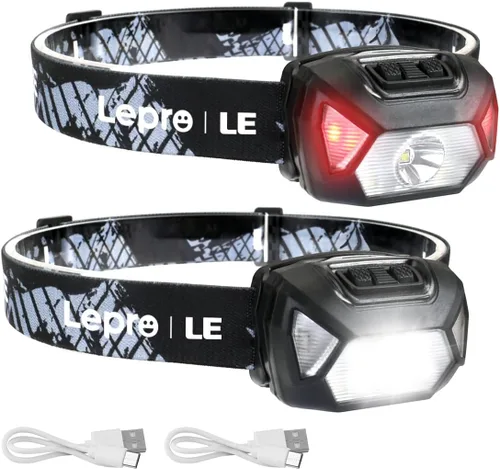Vista 9 de Lepro Linterna frontal recargable, linterna de cabeza LED con 6 modos para equipo esencial de camping y senderismo, linterna frontal brillante
