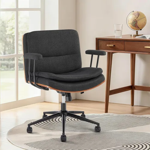 Vista 8 de Silla de oficina moderna sin brazos de nogal con ruedas, silla ejecutiva de cuero PU ajustable de giro amplio, silla de computadora ergonómica