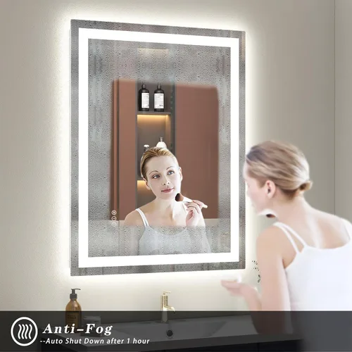 Vista 4 de Espejo de baño LED iluminado de 30 x 30 pulgadas para pared, espejo cuadrado de tocador con luces, regulable, antivaho, a prueba de roturas