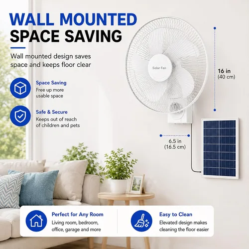 Vista 3 de Wall Mount Solar Fan for Patio, 16" Oscillating Fans, 3 Speeds Quiet Cooling, Solar Panel, Power Adapter, for Home, Garage, Fishing Black