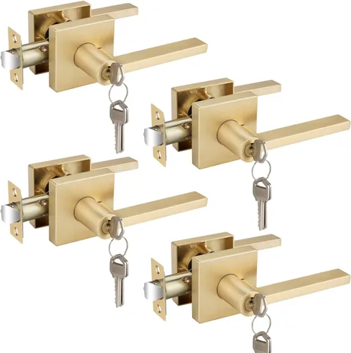 Vista 12 de EHOMEWARE Juego de manijas dobles para puerta delantera, paquete de 1 manija de puerta cuadrada de latón satinado, combinación de perilla de puerta