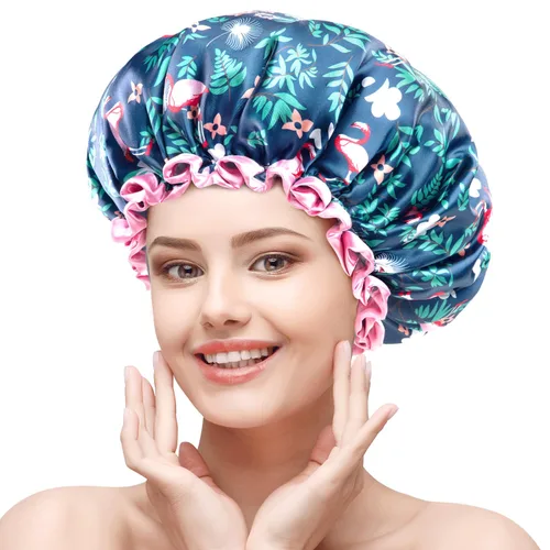 Vista 8 de mikimini Gorro de ducha para mujer, reutilizable, mediano, estampado de flamencos Reutilizable, impermeable, se adapta al cabello largo