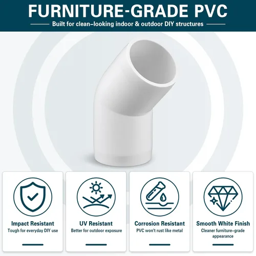 Vista 4 de Paquete de 12 accesorios de codo de 45 grados de PVC de 1 pulgada, conector de tubo de 2 vías de grado para muebles para construcción de estanterías