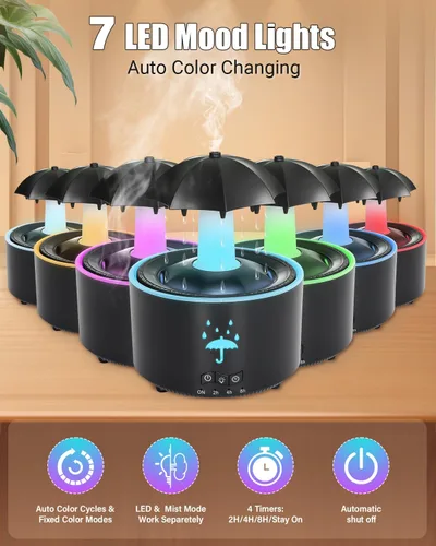 Vista 6 de Humidificador estético 2 en 1 difusor de aceite con gota de lluvia giratoria y 7 luces LED de estado de ánimo, humidificador de niebla fría