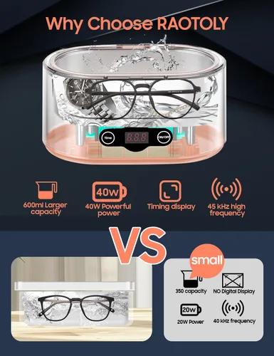 Vista 4 de Limpiador Ultrasónico de Gafas de 20 Onzas, Limpieza Profunda de 45KHz con 5 Modos de Temporizador, Limpiador Ultrasónico de Retenedores para Joyas