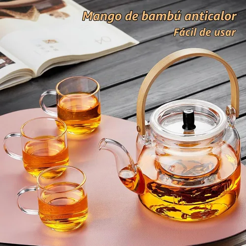 Vista 8 de Juego de teteras de cristal, 37 onzas/37.2 fl oz, hervidor de té de vidrio con 4 tazas de té de doble pared, tetera con infusor para té suelto, apto