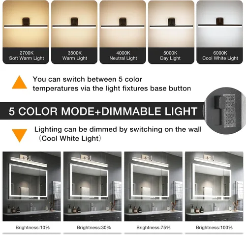 Vista 2 de Moderna lámpara de tocador negra ajustable LED para baño sobre espejo giratorio (níquel, 23.6 pulgadas, 5CCT regulable)