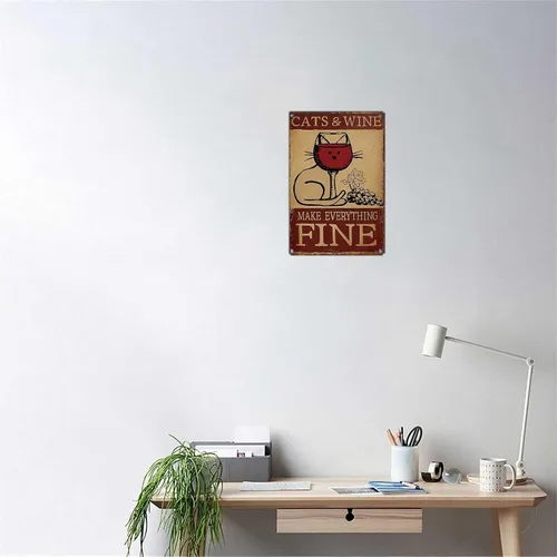 Vista 5 de LAHUTK Cartel de letreros divertidos con diseño de gato y vino «Make Everything», arte de pared de metal fino para oficina, dormitorio, bar, garaje