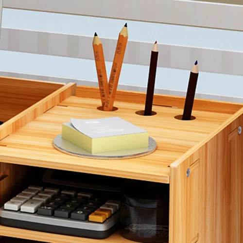 Vista 5 de Soporte ergonómico para monitor de madera,Estantes de monitor de escritorio pequeños con cajón,Organizador de escritorio de oficina en casa