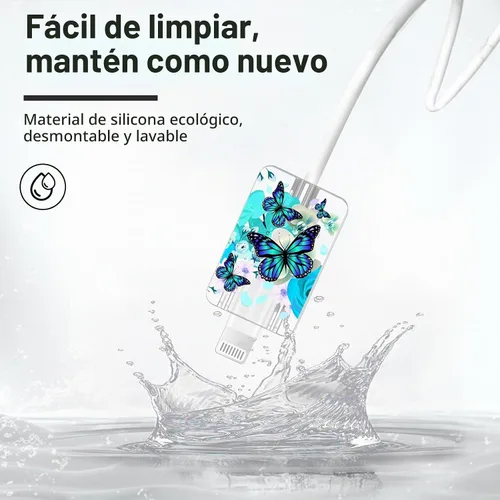 Vista 3 de Bonito protector de cable para cargador de Apple, bonito diseño de flores y mariposas, cable de datos USB, protector de cargador de teléfono