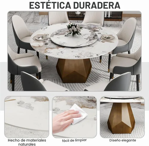 Vista 3 de Montary Mesa de comedor redonda moderna de mármol artificial de 59 pulgadas con base de metal de latón antiguo y tocadiscos de piedra sinterizada