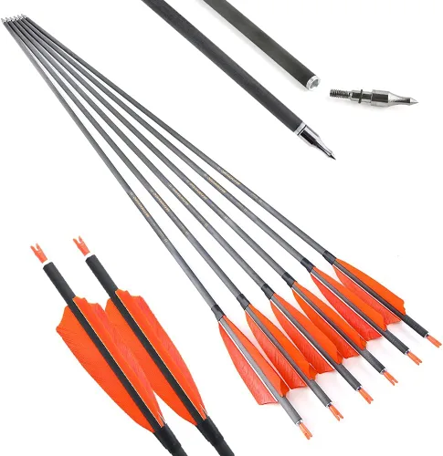 Vista 12 de 6/12 flechas de carbono de tiro con arco de 34 pulgadas, 400 flechas compuestas de caza con plumas de pavo de 4 pulgadas, flecha de práctica