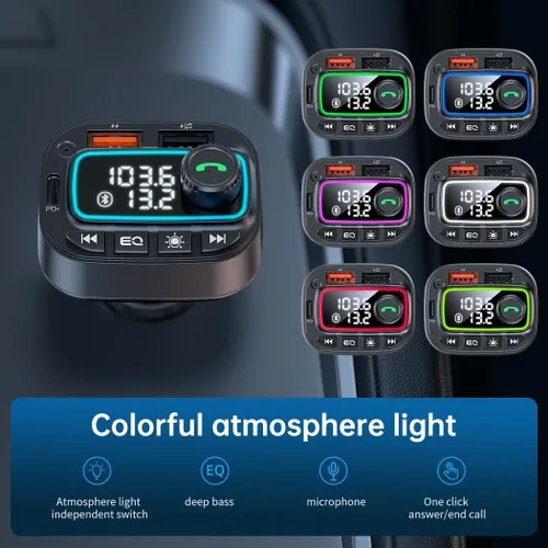 Vista 9 de Adaptador de coche Bluetooth 5.3 Transmisor FM, 42 W (PD30W y 12 W), cargador de coche USB C, receptor de radio inalámbrico, llamadas manos libres