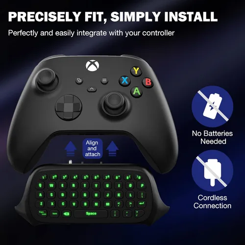 Vista 4 de Moko Teclado de chat con retroiluminación verde para control Xbox One Xbox Series XS receptor de 24G teclado inalámbrico con auricularesconector