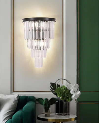 Vista 4 de Aplique de pared de cristal negro, moderno K9 de 4 niveles, lámpara de pared de cristal transparente para sala de estar, dormitorio, espejo