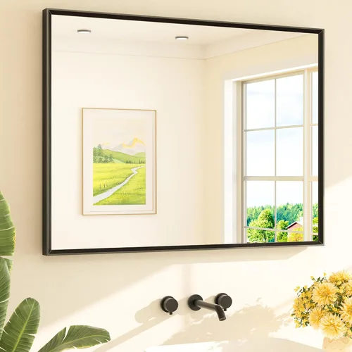 Vista 74 de TETOTE Espejo de baño dorado cepillado de 20" x 30", espejo de tocador de baño rectangular de latón dorado cepillado con marco biselado para sobre