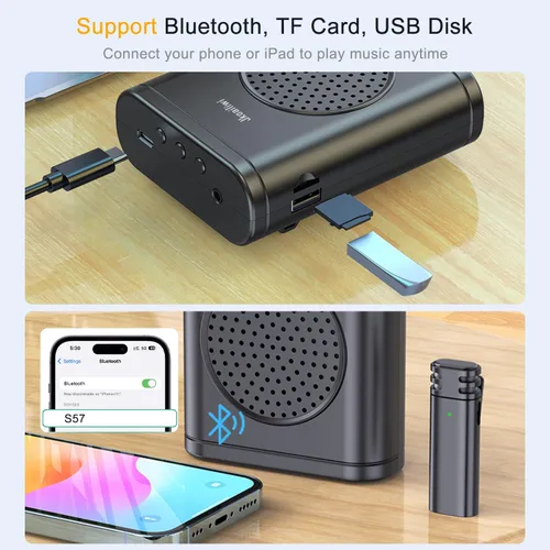 Vista 4 de Amplificador de voz con micrófono inalámbrico de solapa con clip, [Bluetooth 5.3] Micrófono para profesor para aula, Sistema PA de altavoz mini