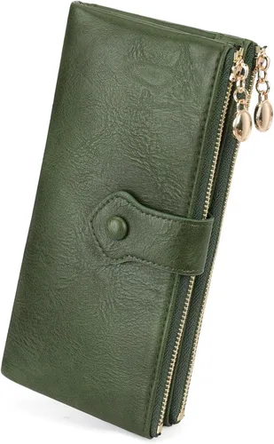 Vista 17 de GOIACII Cartera de mujer con cierre de beso, cartera larga con cremallera, con tarjetero compacto vintage para damas, A01 verde , medio, Classic