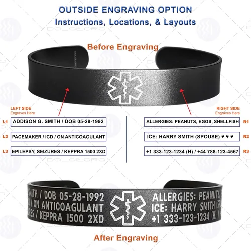 Vista 4 de Pulsera de identificación de alerta médica, acero inoxidable 316L, personaliza y personaliza, selecciona un tamaño de muñeca, de 6 a 9 pulgadas