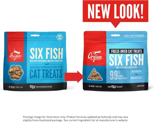 Vista 6 de ORIJEN Golosinas para gatos liofilizadas sin granos con alto contenido de proteínas, ingredientes animales crudos Seis pescados 1.25oz Bolsa