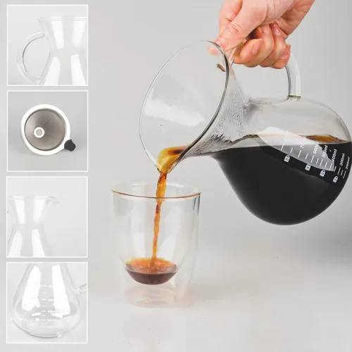 Vista 5 de T-mark Cafetera vertida con filtro reutilizable de acero inoxidable de doble capa, jarra de café de vidrio sin BPA de 13.5 fl oz/14oz, cafetera