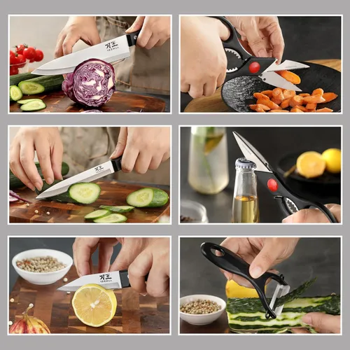 Vista 4 de Juego de cuchillos de cocina de 5 piezas, juego de cuchillos sin bloque con fundas, hoja afilada de acero inoxidable y mango cómodo, juego