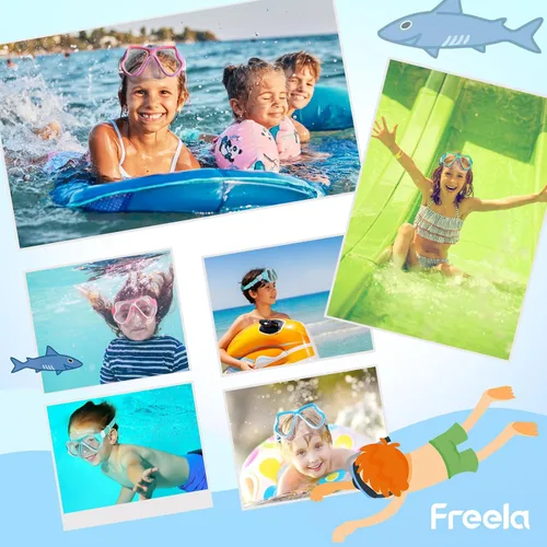 Vista 7 de Freela Paquete de 2 gafas de natación para niños y niñas de 3 a 14 años, lente de vidrio templado de 180° HD con cubierta de nariz para piscina