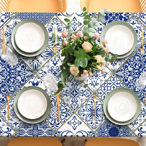 Vista 3 de AnyDesign Mantel de mosaico azul y blanco de 60 x 104 pulgadas, rectangular, moderno, para el hogar, cocina, comedor, suministros de decoración
