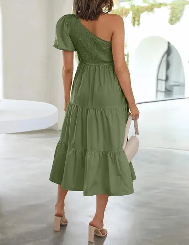 Vista 3 de Chriselda Vestido casual de manga corta con un hombro fruncido para mujer, cintura alta, con volantes, vestido midi para fiesta
