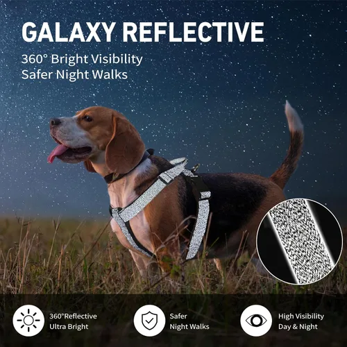 Vista 2 de Galaxy - Arnés reflectante para perro, ajuste ajustable de 4 puntos, hebillas antipellizcos, control de clip trasero y asa de emergencia, forro