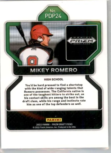 Vista 2 de 2022 Panini Prizm Draft Picks #24 Mikey Romero High School Official NCAA Baseball Card in Raw (NM or Better) Condition