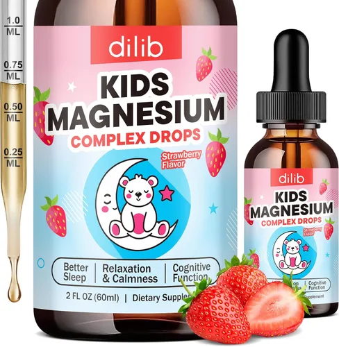 Vista 8 de Glicinato de magnesio líquido para niños, con citrato, manzanilla, L-teanina, omega-3, vitamina B12, D3, zinc, gotas de magnesio para niños