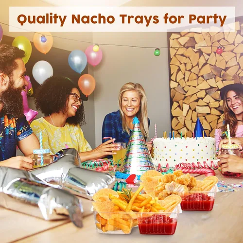 Vista 6 de Vesici 100 Piezas Bandejas de Nachos Desechables de 12oz de 2 Compartimentos Bandeja de Comida y Aperitivos Suministros para Puesto de Concesión
