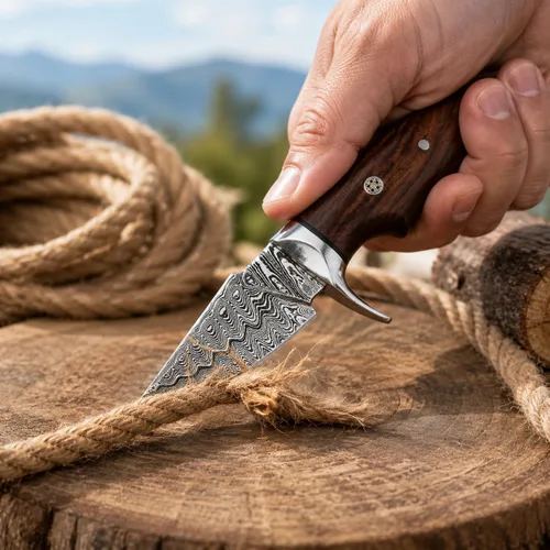 Vista 7 de Cuchillo de Desollar para Cuello de Acero de Damasco Hecho a Mano de 6", Mango de Palisandro con Protector de Acero y Funda de Cuero, Mejor Regalo