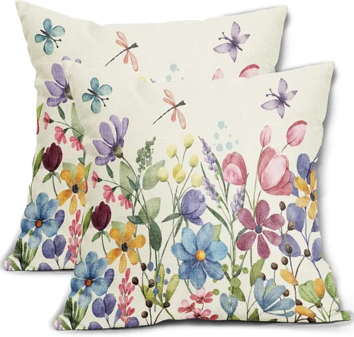 Vista 10 de Juego de 2 fundas de almohada de primavera de 16 x 16 pulgadas, diseño de conejo, flores rosas, hojas verdes salvia, plantas botánicas vintage