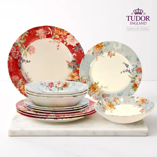 Vista 23 de Tudor Royal - Juego de vajilla redonda de porcelana de 12 piezas, servicio para 4, diseño botánico, flores de verano, platos, cuencos, brillante